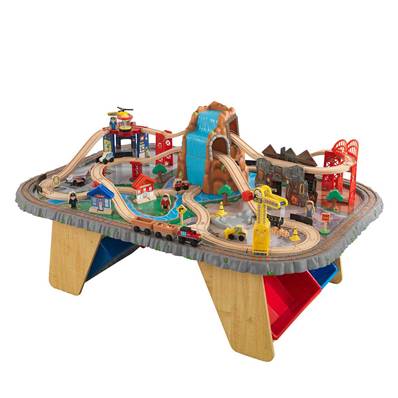 Table et train en bois complet avec cascade et tunnel 112 pieces