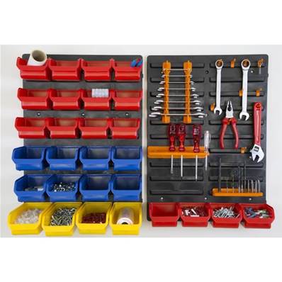 2 panneaux porte outils + 28 bacs de rangement visserie + 10 crochets (atelier) 