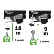 Palan électrique 200 à 400 kgs hauteur 18 m max - télécommande sans fil