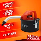 Aspirateur à cendres 600W sur cuve avec filtre HEPA - pour cheminée insert poêle