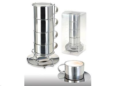 Ensemble 4 tasses a expresso avec soucoupe et support tout inox